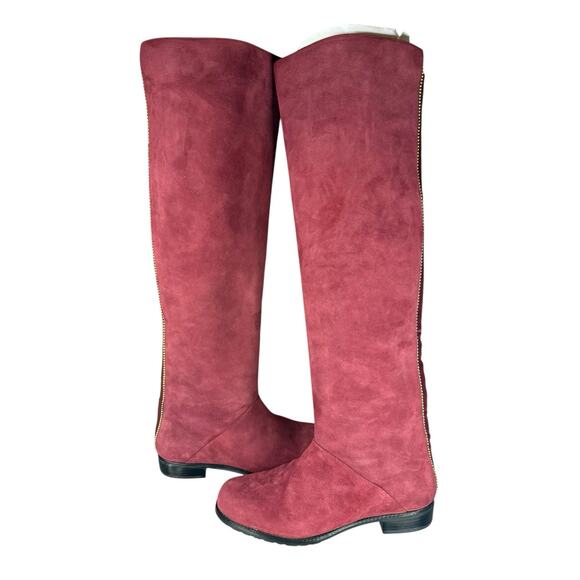 Stuart Weitzman Burgundy Suede Over The Knee Boots Gold Trim Size 7.5 - Picture 2 of 11